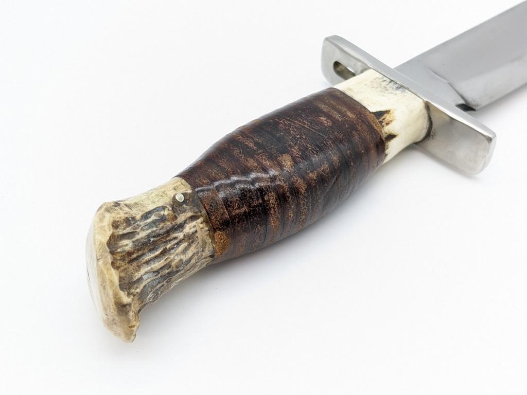 Custom Stacked Leather Stag Hunting Knife w Sheath