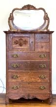 Antique Oak Highboy Dresser with Beveled Mirror