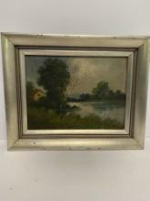 OIL OF CANVAS - SIGNED - RIVERSIDE LANDSCAPE