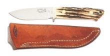 R.W. LOVELESS STAG HANDLED DROP POINT FIXED BLADE KNIFE WITH SCABBARD.