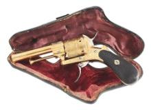 (A) ATTRACTIVE ENGRAVED BRASS DOUBLE ACTION PINFIRE REVOLVER WITH PIPE CASE.