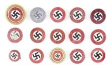 LOT OF 15: THIRD REICH NSDAP PARTY PINS, INCLUDING 2 GOLD NUMBERED PINS.
