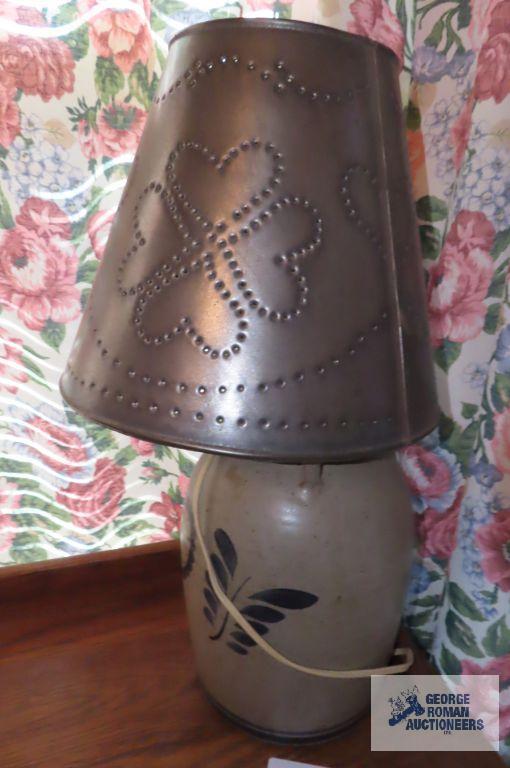 Blue decorative crock jug lamp with punch tin shade