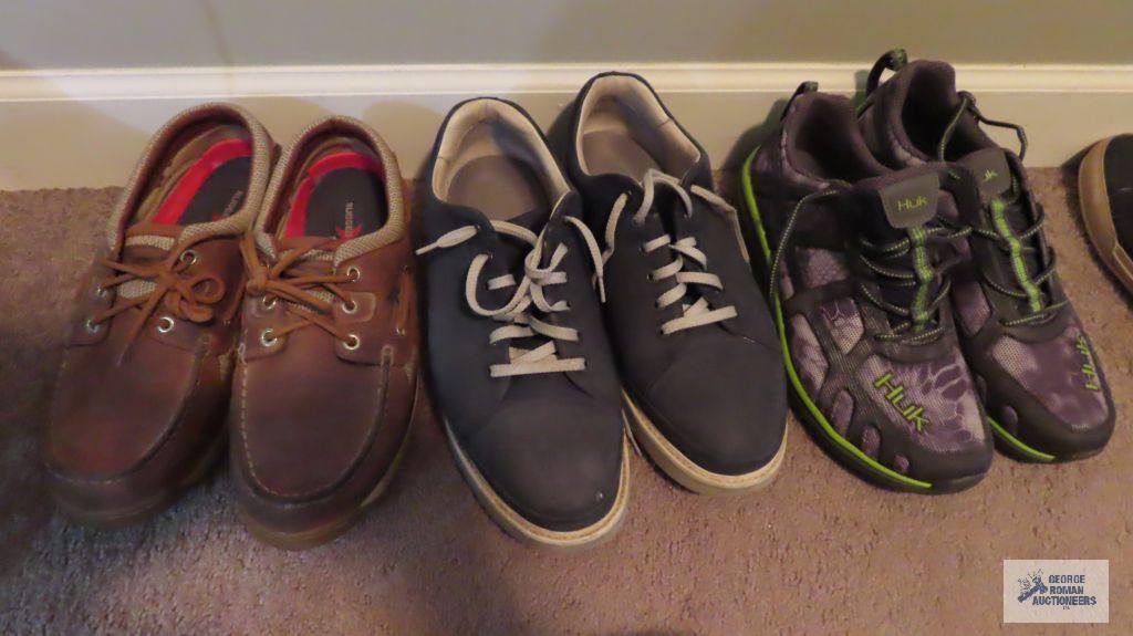 Three pairs of men's size 11 shoes, including new pair of Huk tennis shoes