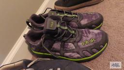 Three pairs of men's size 11 shoes, including new pair of Huk tennis shoes