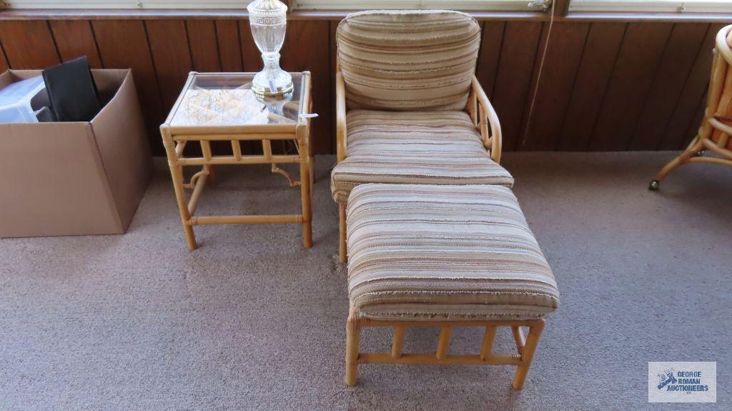 Rattan chair with ottoman and side table
