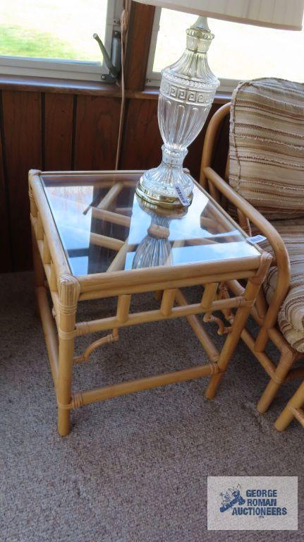 Rattan chair with ottoman and side table