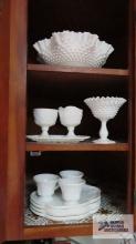 Milk glass hobnail fluted bowl and compote and grape motif luncheon pieces