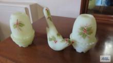 Fenton Christmas hand-painted candle holders and bird