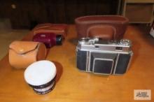 vintage Kodak Retina IIa camera with accessories and Woolsack Rochester USA X telescope. has chip in