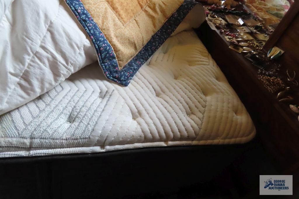 carved mirrored headboard, dresser with mirror and chest