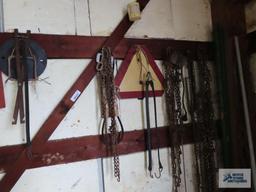 Lot of tire chains, scrap metal, copper wire, rotors and etc in corner