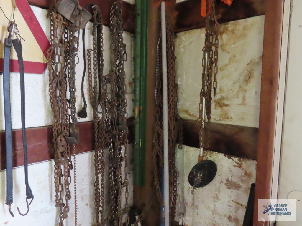 Lot of tire chains, scrap metal, copper wire, rotors and etc in corner