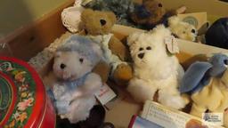 Teddy's world books, assorted Boyd's bears, and tins