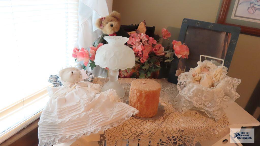 Miscellaneous items including Teddy bears, floral arrangement, candle holder, miniature baby with