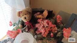 Miscellaneous items including Teddy bears, floral arrangement, candle holder, miniature baby with