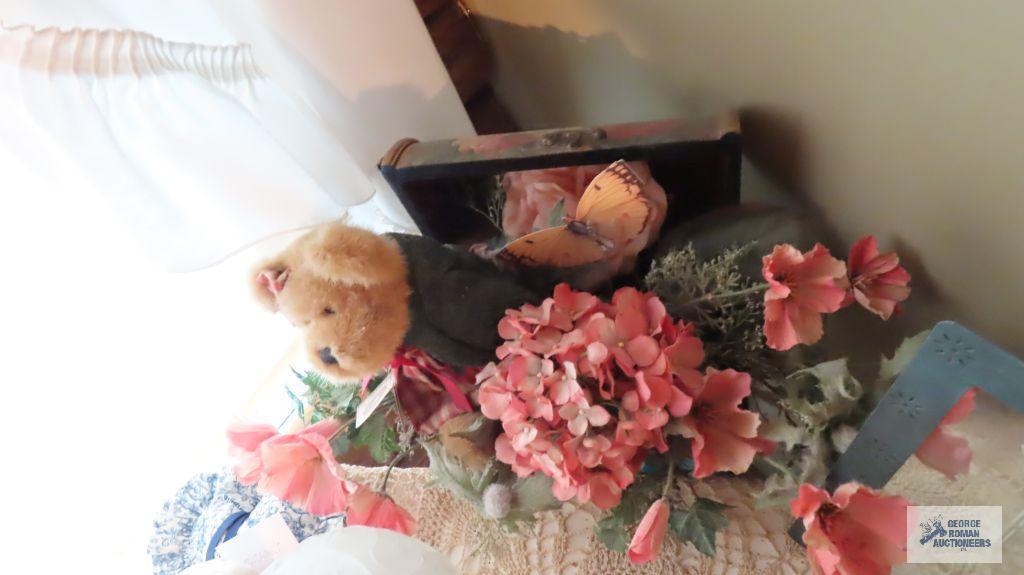 Miscellaneous items including Teddy bears, floral arrangement, candle holder, miniature baby with