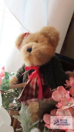 Miscellaneous items including Teddy bears, floral arrangement, candle holder, miniature baby with