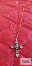 Silver color and turquoise-like cross pendant on silver color box chain, marked 925, approximate