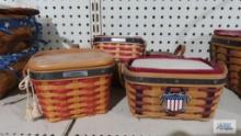 Four Longaberger 2000-2004 red and blue stripe star baskets, including 2001 inaugural basket and