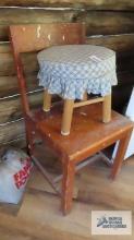 Padded stool and rustic chair