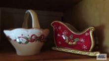 Fitz and Floyd sleigh. Made in Italy canister. Decorative ceramic basket. Kitchen papers. Set of