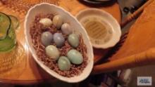 Dish of alabaster or marble eggs and friend pie plate