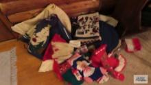 Assorted Christmas decorating items, including tree skirt and...stockings