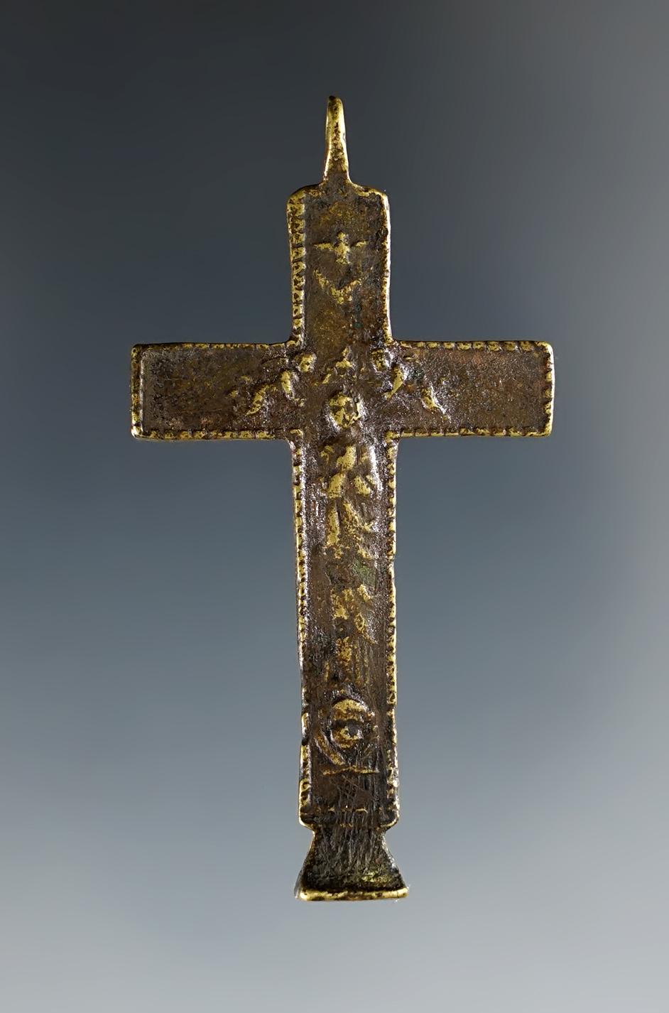 Rare 2" Brass Trade Cross with unique base. Found at the White Springs Site in Geneva, NY.