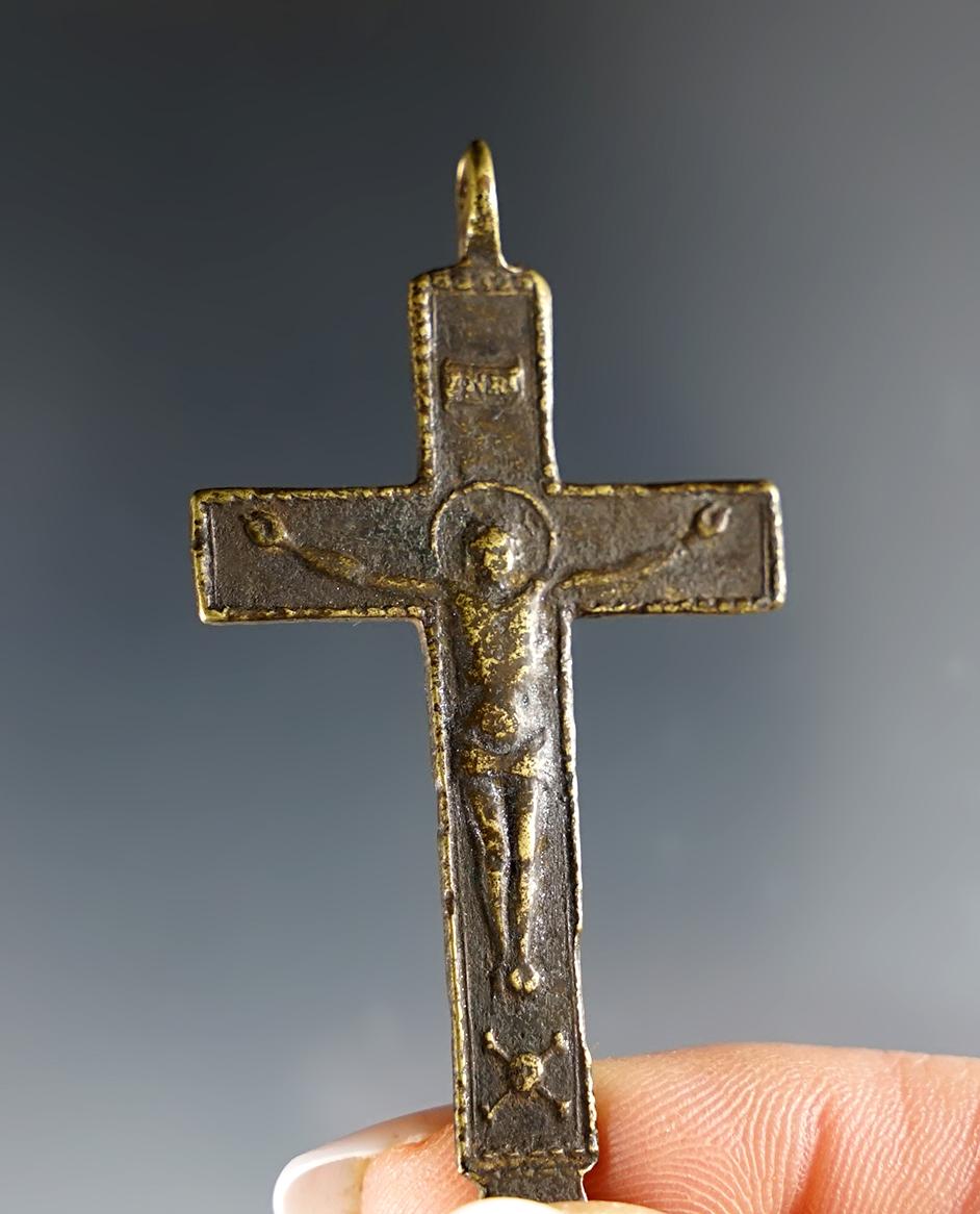 Rare 2" Brass Trade Cross with unique base. Found at the White Springs Site in Geneva, NY.