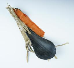 Buffalo-Horn Spoon with deer-hide grip cover and French silk ribbon strip. Beaded drop, 9 1/2".