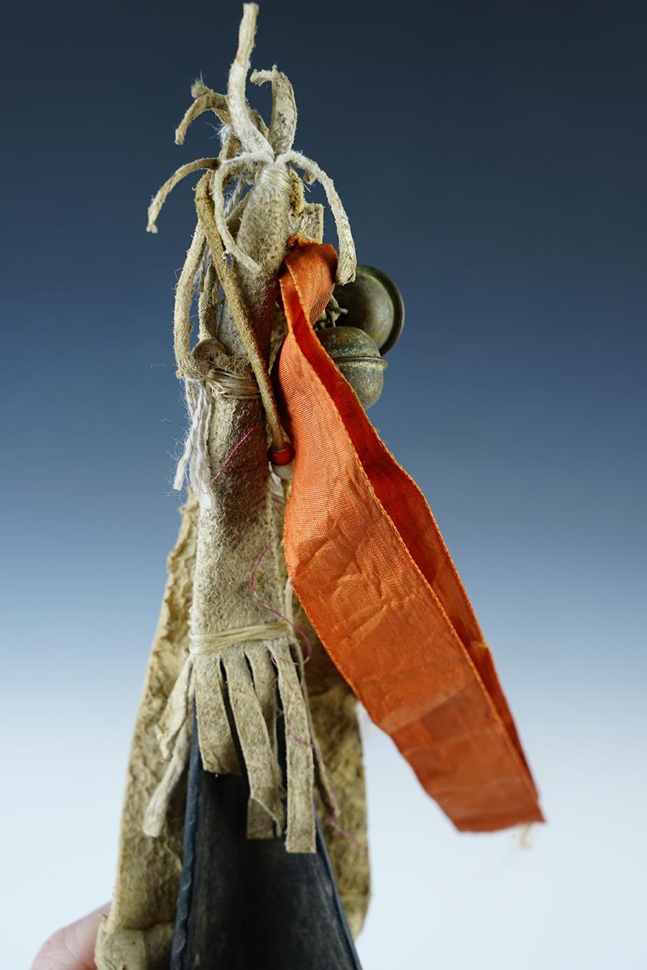 Buffalo-Horn Spoon with deer-hide grip cover and French silk ribbon strip. Beaded drop, 9 1/2".