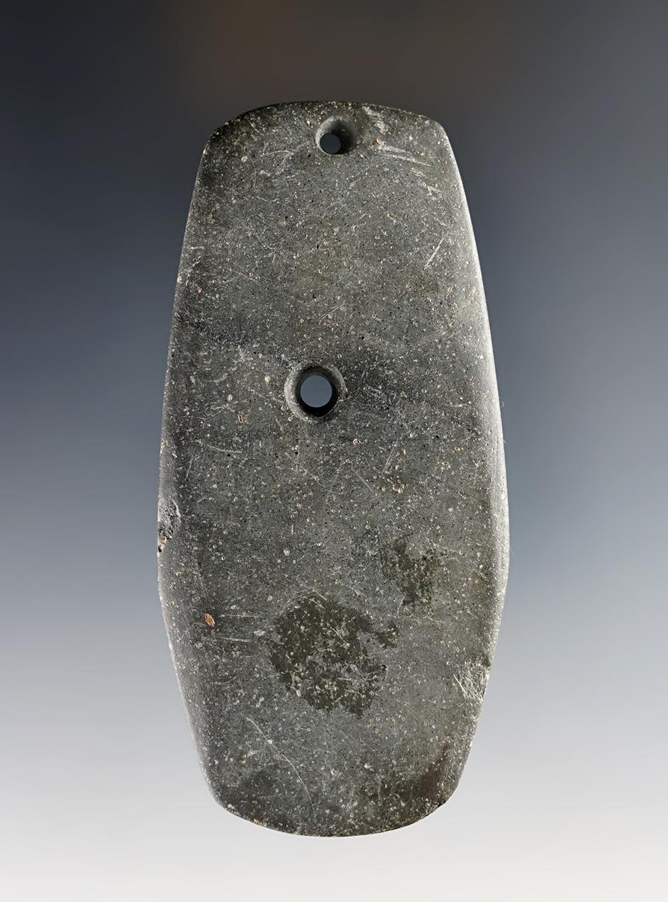 3 1/2" Two-Hole Adena Pendant made from Slate. Found in Geauga Co., Ohio. Bennett COA.