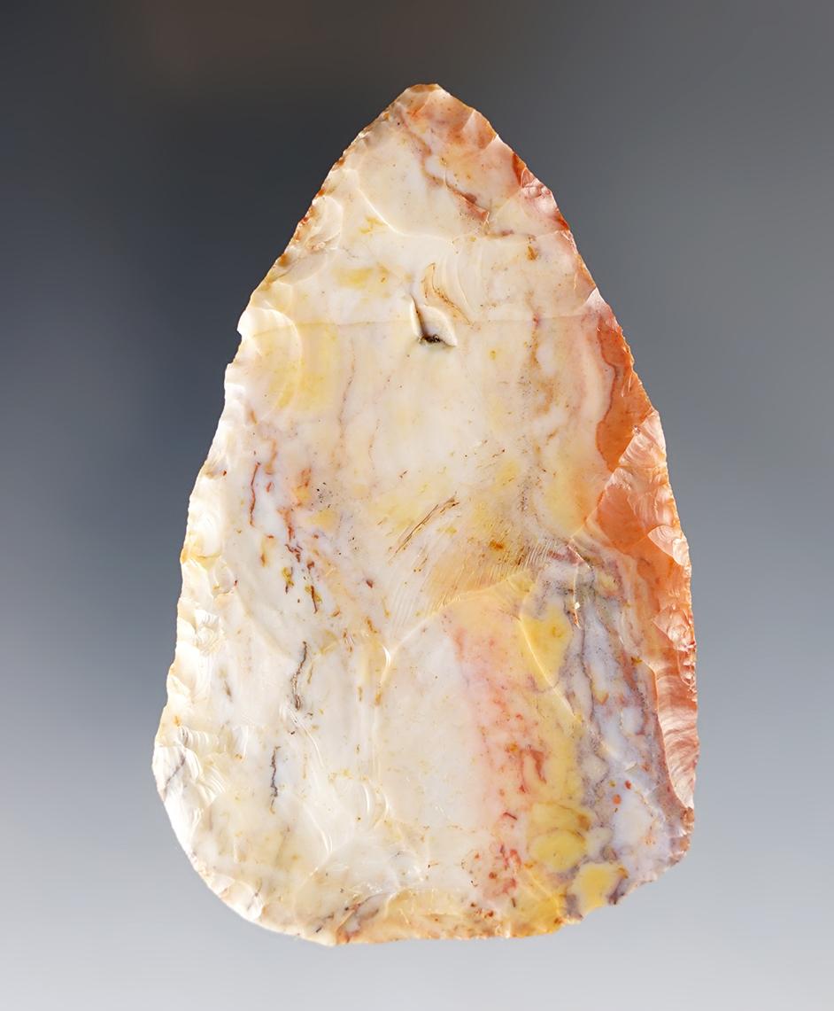 3 3/8" Hopewell Blade made from vividly colored Flint Ridge Flint. Found in Logan Co., Ohio.