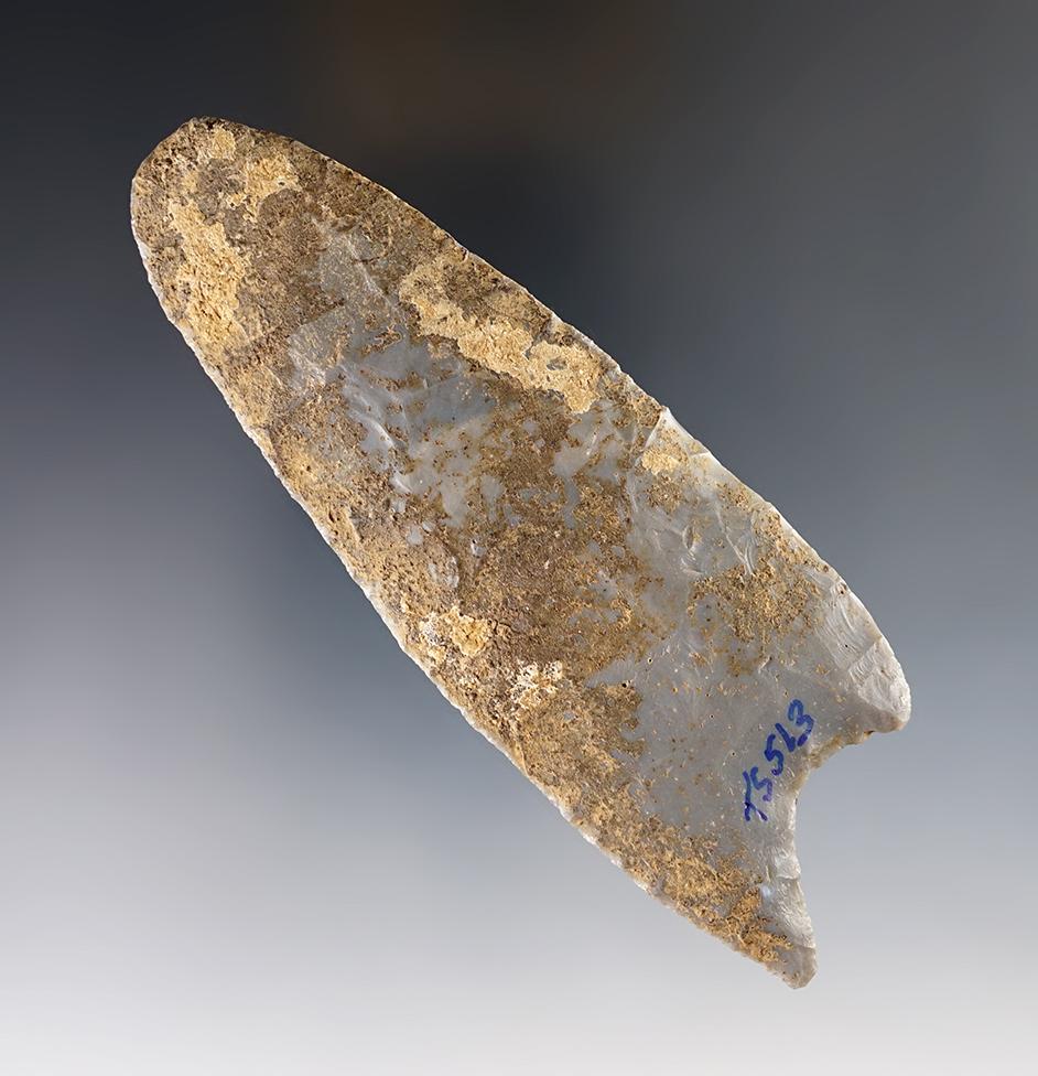 4 9/16" Lanceolate Knife found in Allen Co., Ohio - heavily patinated Hornstone. Dickey COA.