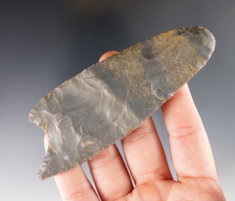 4 9/16" Lanceolate Knife found in Allen Co., Ohio - heavily patinated Hornstone. Dickey COA.