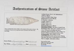 Large 6 1/4" Etley Knife found in Illinois before 1953. Made from Burlington Chert. Motley COA.