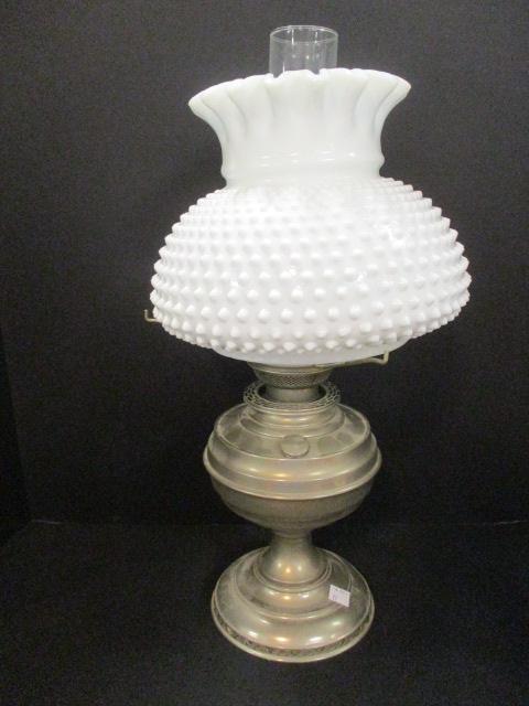 Metal Oil Lamp with Milk Glass Hobnail Shade