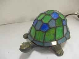 Cast Metal Turtle Night Light w/ Stained Glass Shell Shade