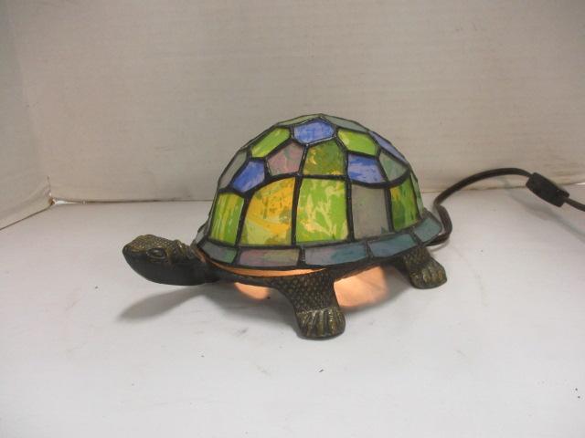 Cast Metal Turtle Night Light w/ Stained Glass Shell Shade