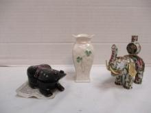 Belleek Vase, Lacquered Frog Box, Cloisonne Style Elephant