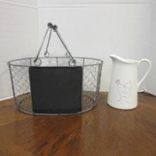 America Retold Milk Pitcher and Chicken Wire Egg/Fruit Basket with Blackboard Insert