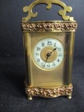 Art Nuveaux Brass & Glass Carriage Clock w/key (uranium Glass Face)