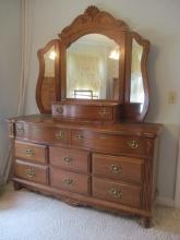 Athens Furniture Oak Dresser and Tri-Fold Mirror with Glove Box