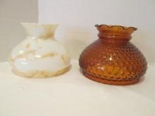 Amber Hobnail Glass Light Shade and White Glass Shade with Amber Veined Design