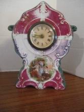 Vintage Porcelain Wind-Up Table Clock with Victorian Scene