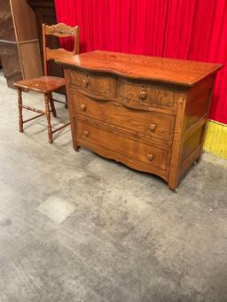 Vintage Ash Wood Wheeled Vanity w/ 4 Drawers & Matching Chair w/ Painted Floral Accents. See pics.