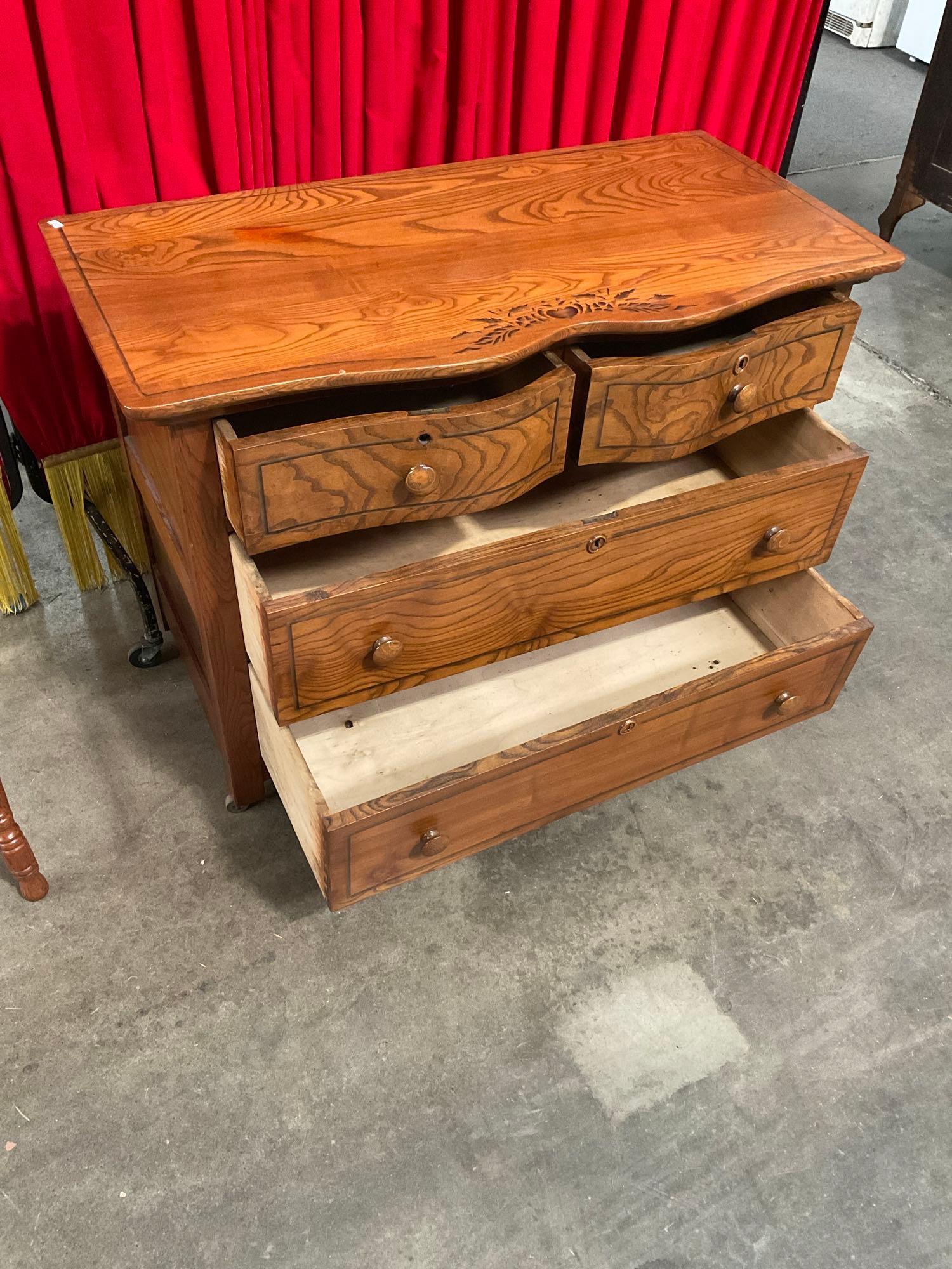 Vintage Ash Wood Wheeled Vanity w/ 4 Drawers & Matching Chair w/ Painted Floral Accents. See pics.