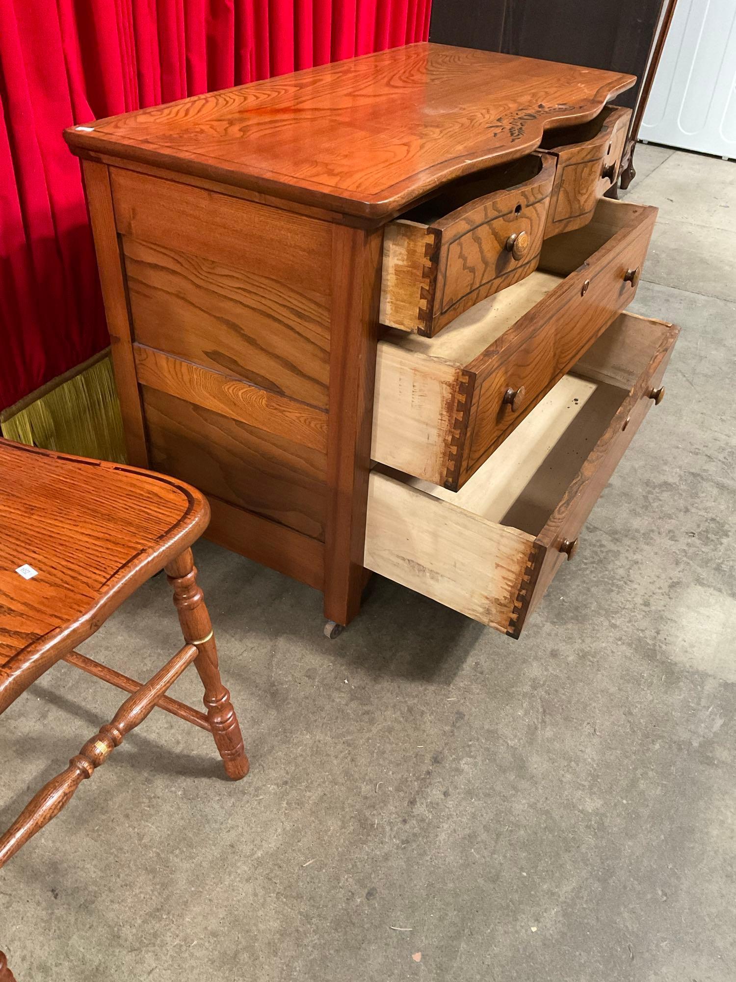 Vintage Ash Wood Wheeled Vanity w/ 4 Drawers & Matching Chair w/ Painted Floral Accents. See pics.