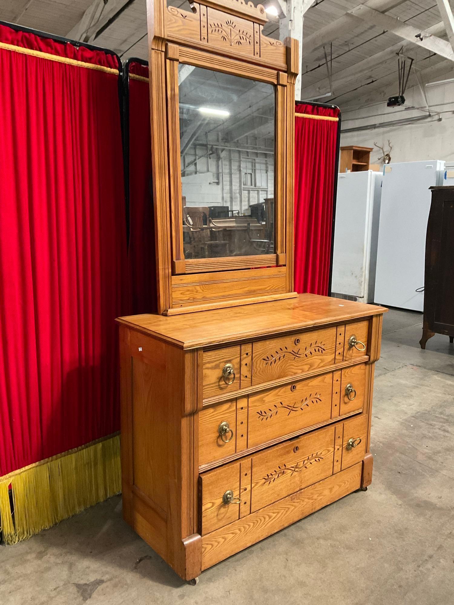 Vintage Wooden Rolling Vanity w/ Mirror, 3 Drawers & Beautiful Wood Detailing. See pics.